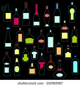 Alcohol bottles collection in neon colors. Vector