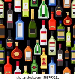 Alcohol bottles colorful pattern with black background. Vector illustration