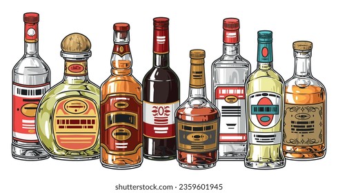 Botellas de alcohol detallado volante colorido con espíritus de la barra del restaurante para crear publicidad para la ilustración de la tienda de licores vectores