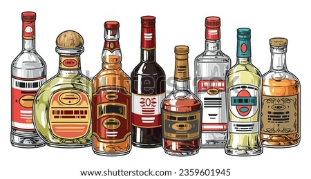 Alcohol bottles detailed flyer colorful with spirits from restaurant bar to create advertisement for liquor store vector illustration