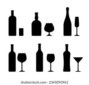 Alcohol bottles and glasses collection. Set of black icons beverages isolated on white background in flat design. Vector illustration. Alcoholic drinks with wineglasses.