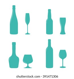 Alcohol bottles and glasses isolated on white background. Cognac, champagne, wine and beer.