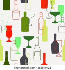 Alcohol bottles and glasses pattern with colorful flat and outline elements. Vector illustration