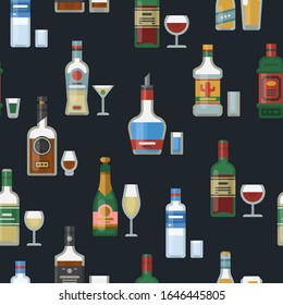 Alcohol bottles and glasses seamless vector pattern background. Strong alcohol, whisky, vodka and tequilla illustration. Drink bar or restaurant party menu design.