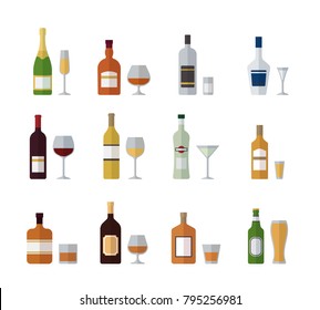 Alcohol bottles and glasses. Set beverages in flat design. Vector illustration. Icons isolated on white background. Alcoholic drinks with wineglasses.