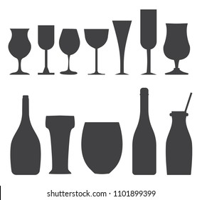 Alcohol bottles and glasses silhouettes. Celebration goblets, cocktails and alco drinks icons in monochrome.