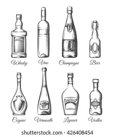 Alcohol Bottles In Hand Drawn Style. Beverage Vector Sketches