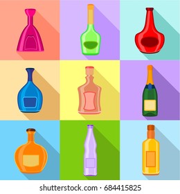 Alcohol bottles icons set, flat style