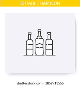 Alcohol bottles line icon. Party drinks. Restaurant, bar menu. Wine, whiskey, tequila or vodka bottles. Cocktail party and drinking establishment concept. Isolated vector illustration.Editable stroke 