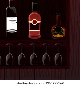 alcohol bottles on a bar shelf