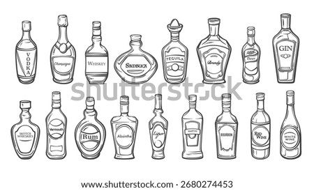 Alcohol Bottles outline set with labeled hand drawn bottles of vodka, whiskey, champagne, rum, gin, tequila, wine, beer, and more. Vector illustration for bar menu, branding, or vintage design.
