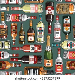 Alcohol bottles pattern seamless colorful with wine and vodka or champagne for fashion design or promotional items vector illustration