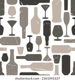 Alcohol bottles pattern seamless monochrome with tare for beer or vodka for bar advertising design in grunge style vector illustration