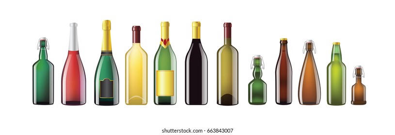Alcohol Bottles - realistic vector set of different shape glass objects. White background. Use these quality clip art elements to present bar products - champagne, wine, whiskey, bourbon, beer.