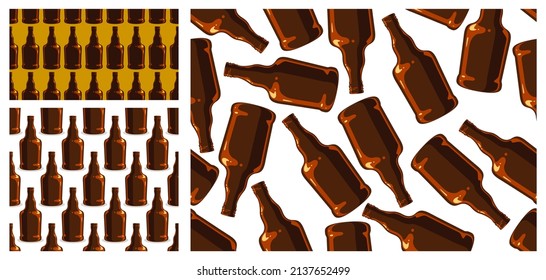 Alcohol bottles seamless vector background set, endless wallpaper with whiskey bottles, cognac or gin empty glasses texture collection.