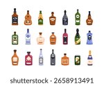 Alcohol bottles set. Alcoholic beverages, spirits, bar drinks assortment. Whisky, vodka, rum, champagne wine, beer can, gin, brandy and tequila. Flat vector illustration isolated on white background
