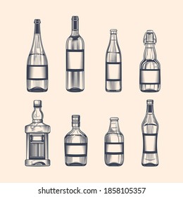 Alcohol bottles set. Beer, wine, rum, whiskey, martini, liquor, champagne. Hand drawing. Vintage vector engraving illustration for menu of bars and restaurants.