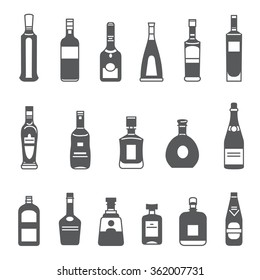 Alcohol bottles. Set of black icons.
Different types of alcohol bottles.