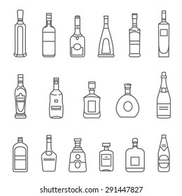 Botellas de alcohol. Conjunto de iconos de línea negra.
Diferentes tipos de botellas de alcohol.