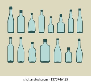 alcohol bottles set. color vector illustration on beige background