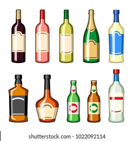 Alcohol bottles set, drinks vectors set, wine, champagne, whiskey, cognac, beer, martini