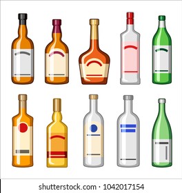 Alcohol bottles set, drinks vectors set, bourbon, brandy, scotch, gin, vodka, tequila