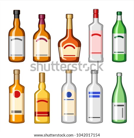 Alcohol bottles set, drinks vectors set, bourbon, brandy, scotch, gin, vodka, tequila