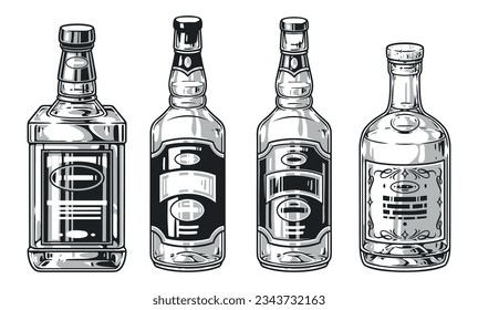 Alcohol bottles set element monochrome with booze for restaurant bar with whiskey and cognac or strong vermouth vector illustration
