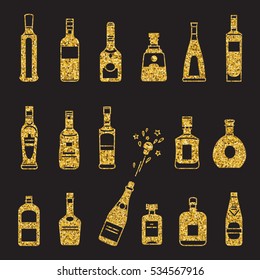 Alcohol bottles. Set of golden glitter icons.
Different types of alcohol bottles. Isolated on black.