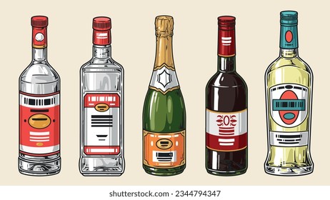 Alcohol bottles set label colorful with vodka and sparkling wine or martini with liquor to create drinks catalog vector illustration