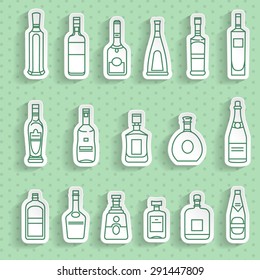 Alcohol bottles. Set of paper stickers.
Different types of alcohol bottles.