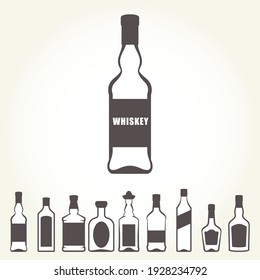 Alcohol Bottles Set, Whiskey, Rum, Brandy And Other Booze Bottles Icons, Vector