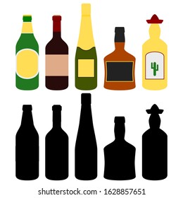 alcohol bottles and silhouette - beer, wine, champagne, whiskey and tequila