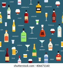 Alcohol bottles vector seamless pattern - vodka champagne wine whiskey beer brandy tequila cognac liquor martini vermouth gin rum absinthe sambuca cider port