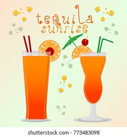 Alcohol bright cocktail tequila sunrise, mocktail booze in bar. Cocktail tequila sunrise of natural ingredient for mocktail booze on bar. Component cocktail tequila sunrise it mocktail booze for bar.