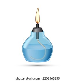 Alcohol burner. Glass flask with solution, wick and flames isolated on white background. Spirit lamp. Burner for heating liquid. Chemical equipment. Laboratory burner for education experiments.