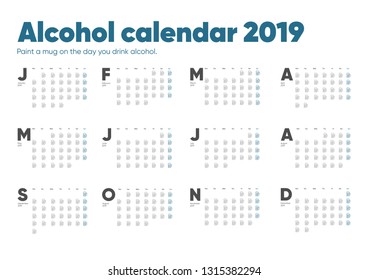 Alcohol calendar 2019. Calendar 2019. Vector, A3