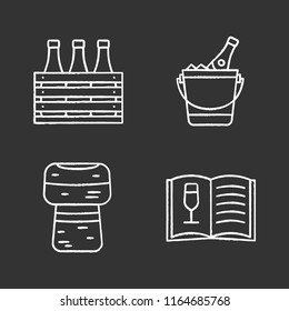Alcohol chalk icons set. Bar. Wine. Beer case, champagne bucket, cork, wine menu. Isolated vector chalkboard illustrations