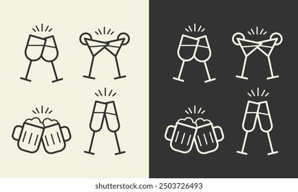Alcohol cheers set.Two glasses of beer,wine,cocktail,sparkling wine icons.Friendship concept.Two toasting mugs,wineglasses clink symbol.Editable stroke.Transparent background.vector illustration EPS10