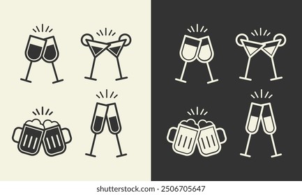 Alcohol cheers set.Two glasses of beer,wine,cocktail,sparkling wine icons.Friendship concept.Two toasting mugs,wineglasses clink symbol.Editable stroke.Transparent background.vector illustration EPS10