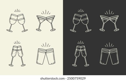 Alcohol cheers set. Two glasses of beer,wine,cocktail,sparkling wine icons.Friendship concept.Two toasting mugs,wineglasses clinking symbol.Flat graphic vector illustration EPS10.