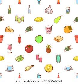 Alcohol, Cheeses, Drinks, Fruits and Health food set. Background for printing, design, web. Usable as icons. Seamless. Colored.