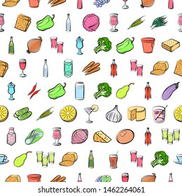 Alcohol, Cheeses, Drinks, Fruits and Health food set. Background for printing, design, web. Usable as icons. Seamless. Colored.