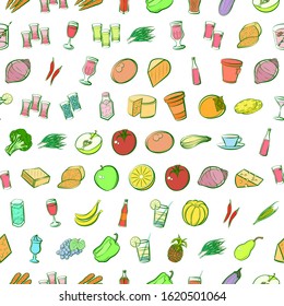 Alcohol, Cheeses, Drinks, Fruits and Health food set. Background for printing, design, web. Usable as icons. Seamless. Colored.