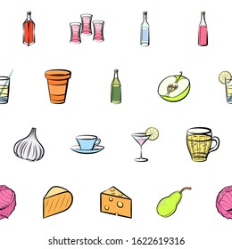 Alcohol, Cheeses, Drinks, Fruits and Health food set. Background for printing, design, web. Usable as icons. Seamless. Colored.