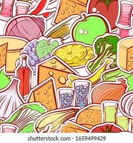 Alcohol, Cheeses, Fruits and Healthy food pattern. Background for printing, design, web. Seamless. Colored.