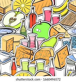 Alcohol, Cheeses, Fruits and Table setting pattern. Background for printing, design, web. Seamless. Colored.