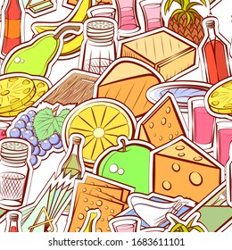 Alcohol, Cheeses, Fruits and Table setting pattern. Background for printing, design, web. Seamless. Colored.
