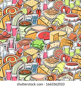 Alcohol, Cheeses and Snacks pattern. Background for printing, design, web. Seamless. Colored.