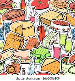 Alcohol, Cheeses and Snacks pattern. Background for printing, design, web. Seamless. Colored.
